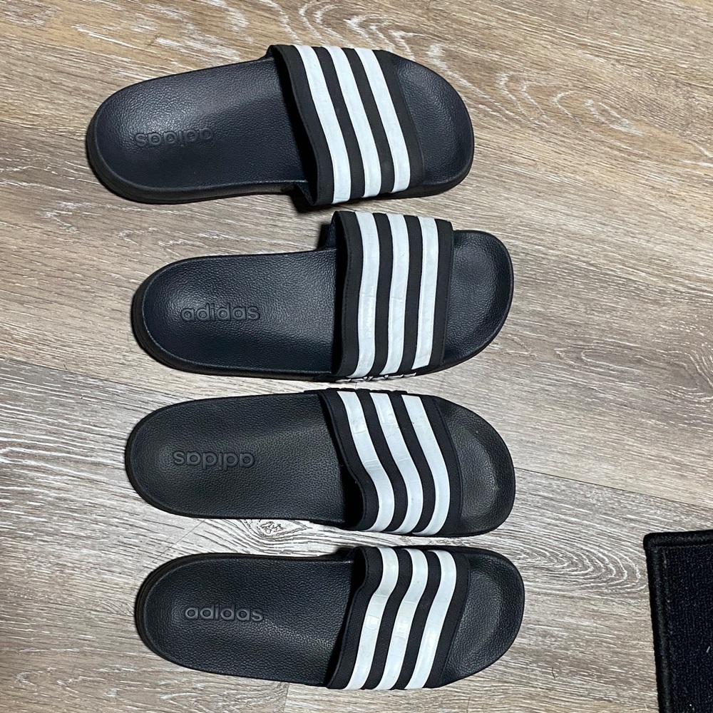 Adidas Kids Black Slides with White Stripes